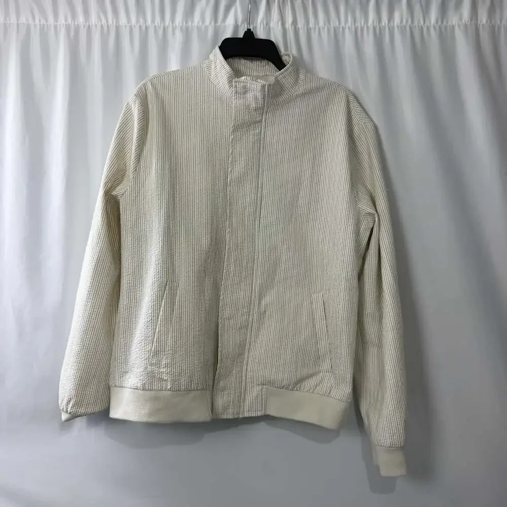 boohooMAN Seersucker Jacket Size Medium White Striped Bomber Coat